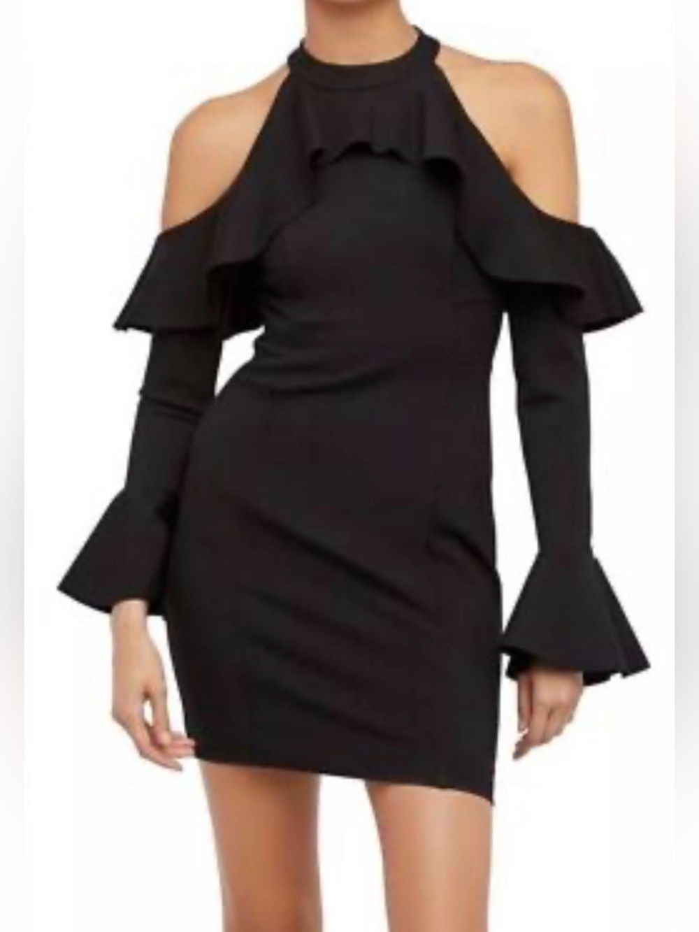 Free People Black Cold-Shoulder Ruffle Mini Dress